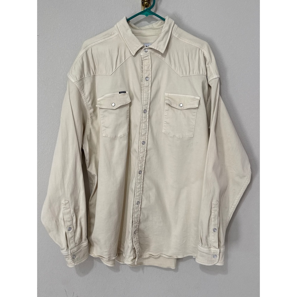 Poncho Western Snap Shirt Mens XXL Cream Long Sleeve Cotton Twill Regular Fit